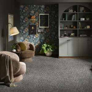 Dark gray Shaw Floors carpet in sitting room | Green's Floors & More